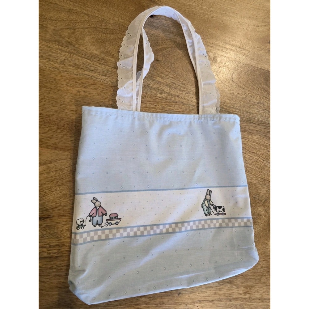 Vintage Daisy Kingdom Tote Bag Blue Bunnies 1989 Handmade 90s Puffy Dress Fabric